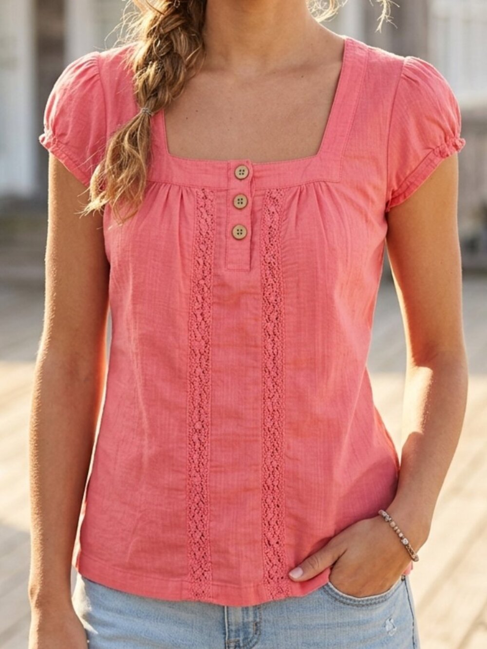 Hang Ten Coral Boho Crochet Trim Short Sleeve Top Size Large